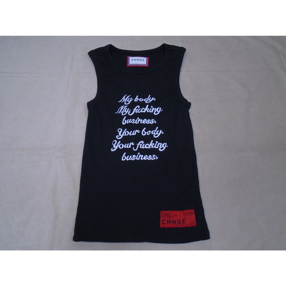 CHNGE Waffle Ribbed Knit Tank Top My Body My Choice Embroidered Black Size Small